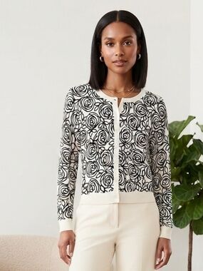 Gap 100% Cotton Black & Cream Rose Floral Print Cardigan - Size Small